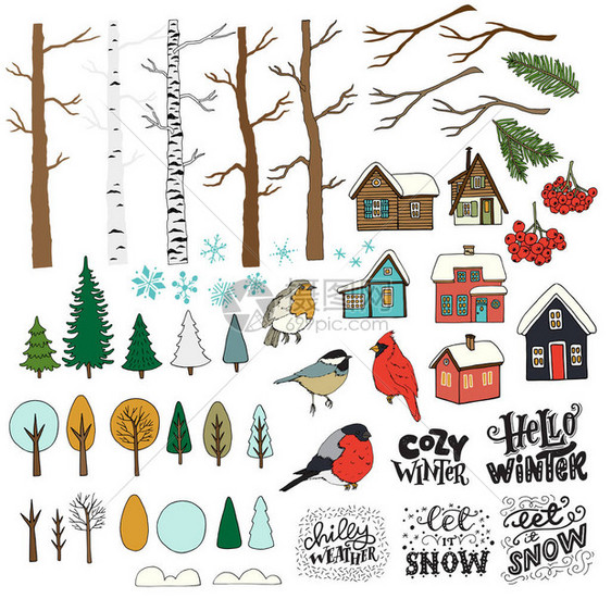 大套手绘冬季森林剪贴画树木鸟类可爱的房屋小屋和手写图片