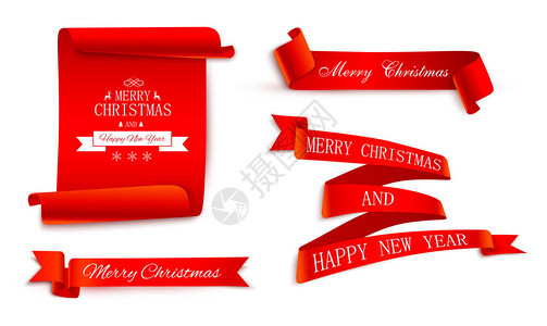 一套红色圣诞和节庆讽刺丝带和喜庆装饰标背景图片