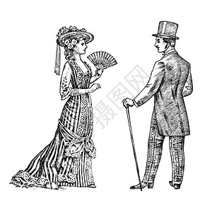 古色香的女士和男士维多利亚时代的贵妇和绅士古代复古服装球蕾丝连衣裙的女人复古雕刻风格手绘旧单色图片
