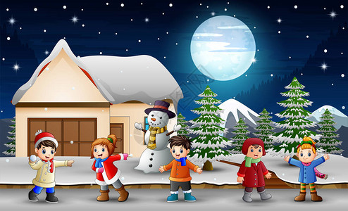 卡通小孩在雪屋前图片