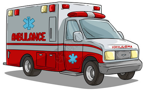 卡通红色救护紧急车或装有文字标签和药牌的卡车图片