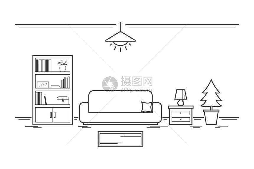 室内客厅带白颜色的直线概念以及房间矢量和插图中图片