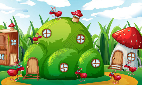 蚂蚁,在蚂蚁山上玩耍的蚂蚁家庭插图插画