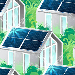 在现代房子屋顶上安装的太阳能板环绕布红叶子图片