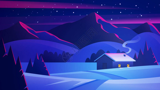 与山和一个孤独的小屋的夜景平安夜风景冬天森林里的房子冬图片