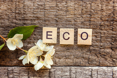 在旧的仿古木制背景上题字ECO字母茉莉花生态村抽象环境背景自然保护节能生态理念平躺顶图片
