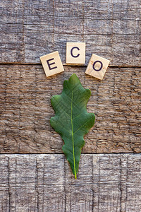 旧仿古木制背景上的铭文ECO字母词和橡树叶生态村抽象环境背景自然保护节能生态理念平躺顶图片