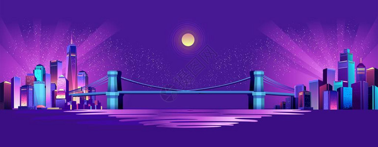 穿过运河的夜间城市景观的矢量水平插图通过一座连接城市两个区的巨大桥梁图片