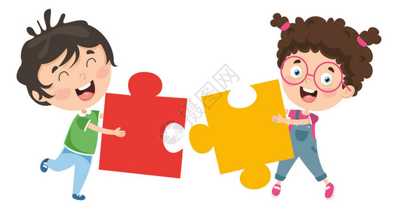 吃 玩孩子们玩拼图的矢量图解插画