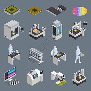 具有孤立高技术设施的半导体芯片生产等量图象收藏和带有人文字符矢量插图片
