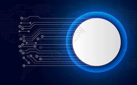 蓝色抽象背景上的白色技术圆形按钮与白线电路板业务和连接未来主义和工业40概念互联网背景图片