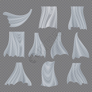 家居全景效果图白布集矢量滚透明卷帘透明白布飘扬的弯曲织物丝绸窗户