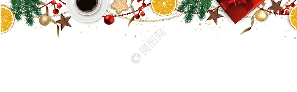 带有矢量圣诞树枝金星圣诞球和文本空间的横幅非常适合圣诞贺卡横幅传单派背景图片