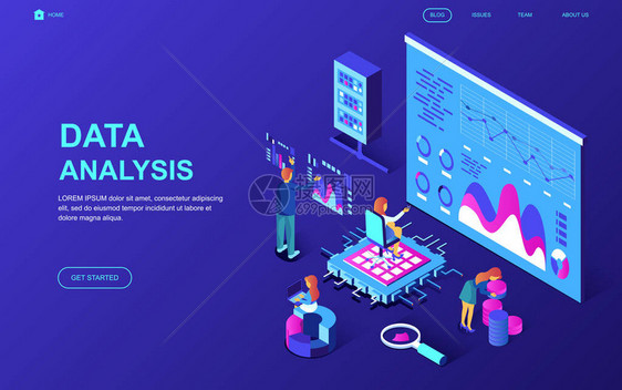 现代平面设计等距概念的审计数据分析装饰了网站和移动网站开发的人物角色等距登陆页面图片