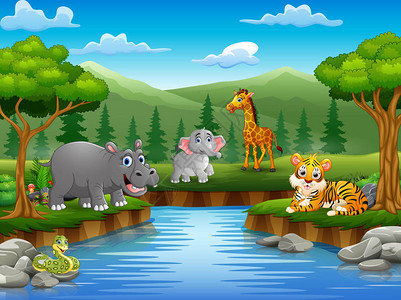 动物漫画在河边享受图片