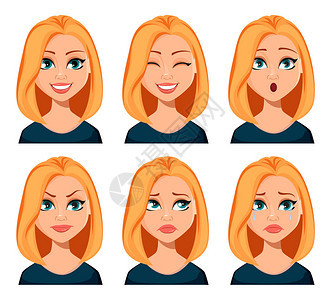 金发女人的面部表情不同的女情绪集美丽的卡通人物现代商业女孤立在白色背图片