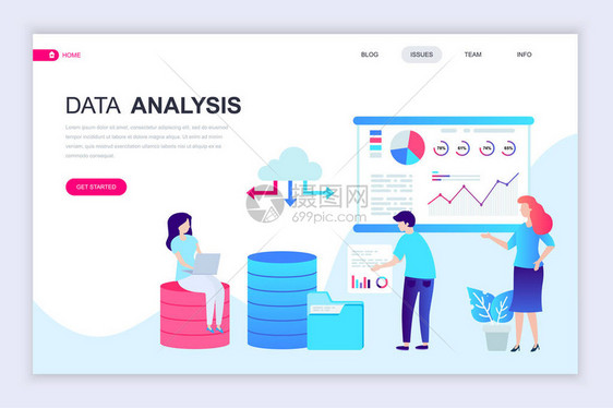 审计数据分析的现代平面网页设计模板为网站和移动网站开发装饰了人物角色平面登陆页面图片