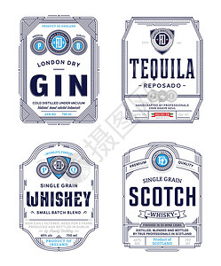 酒精复古细线和包装设计模板杜松子酒龙舌兰酒威士忌和苏格兰威士忌提炼商业品牌和图片