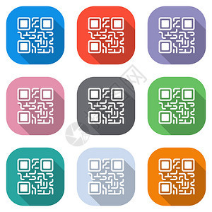 二维码技术图标用于应用程序的彩色方块上的白色图标集海报图片