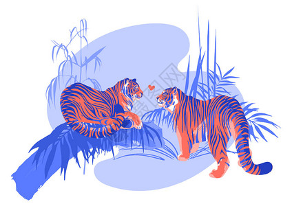 两只相爱的老虎互相看着对方周围都是奇异植物矢量浪漫插图图片