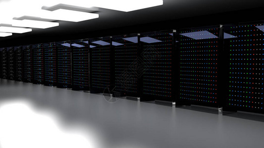 服务器机房云数据中心的服务器机架数据中心硬件集群3d渲染带有存储信息的备份托管大型机场图片