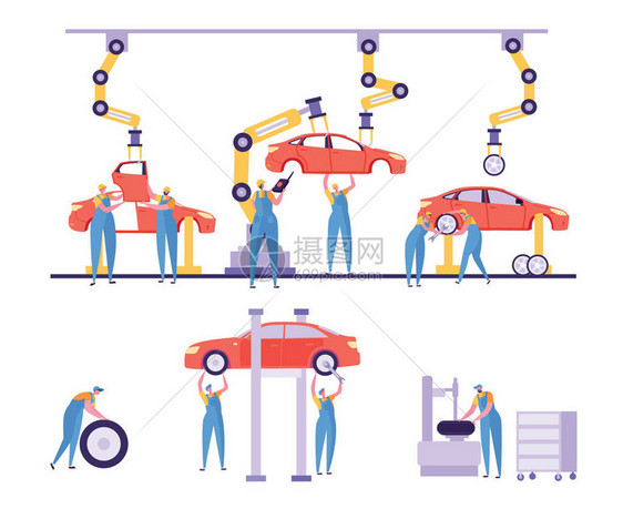 汽车生产厂机械线组汽车工业自动化机器人工厂设计工业轮胎装配设备输送机平面卡通矢量图解图片