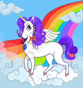 多色卡通儿童白色小马独角兽公主的举例长着大眼睛金角羽翼和紫色花朵站在彩虹云纳背景图片