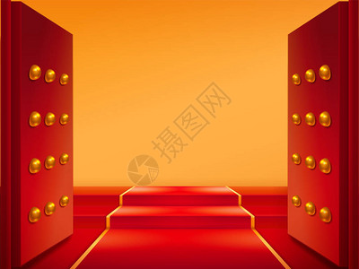 楼梯上铺着和红色地毯的大门日本中世纪建筑东部城堡入口或寺庙的门和塔皮佛阁入口退出和欢迎标图片