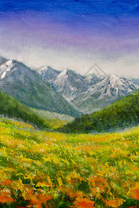 画布上的原创油画山中的花草甸插图美丽的花田景观现图片