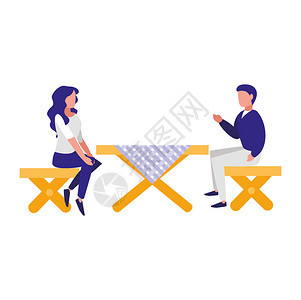 男人和女人坐在野餐桌旁白色背景多彩设图片