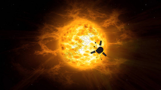 宇宙飞船在太阳轨道上进行的宇宙探索器和太阳研究的逼真的3D飞行太空旅行概念图片
