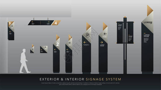 外部和内部标牌系统方向杆壁挂式招牌和交通标志设计模板集用于标识文本白色银色和企业标图片