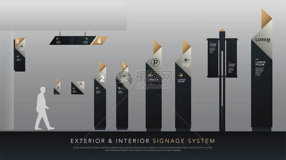 外部和内部标牌系统方向杆壁挂式招牌和交通标志设计模板集用于标识文本白色银色和企业标图片