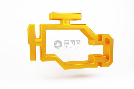 3D表示橙色故障或检查发动机汽车灯符号破碎板白色背景的汽车图片