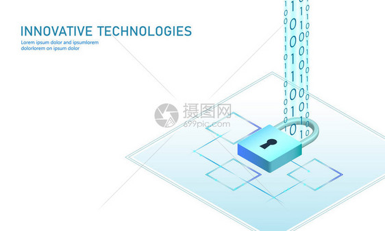 等距互联网安全锁业务概念蓝色发光的等距个人信息数据连接pc智能手机未来技术3D图表图片