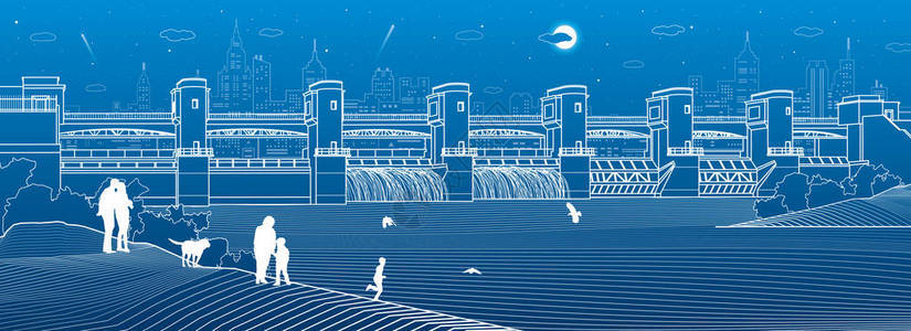水力发电厂河坝能源站水动力人们沿着岸边走基础设施工业插图全景生活蓝色上的白线背景图片