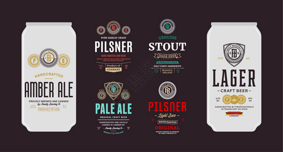 啤酒标签和可以样机模板淡啤酒皮尔森啤酒贮藏啤酒黑啤酒和琥珀啤酒标签酿造公司品牌和图片