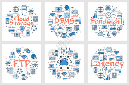 矢量6个蓝色互联网技术横幅FTP延时带宽和云存储的概念白背景的图片