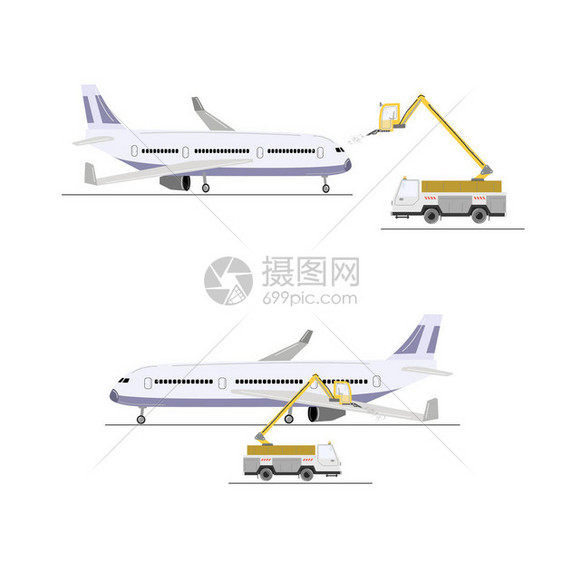 飞机停Deicer卡车和飞机矢量插图在图片