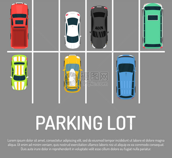 城市停车场矢量图停车区的顶视图与各种汽车带有平面样式海报的免费位置的停车库车辆停车场图片