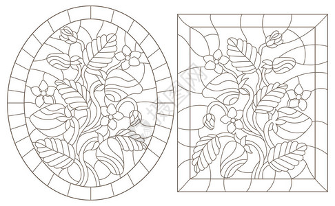 用浆果树叶草莓花和白色背景的深色轮廓绘制一组彩色玻璃图片