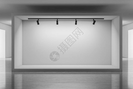 艺术画廊的内部有白色的墙壁混凝土地板和天花板灯照亮模拟墙碎片图片