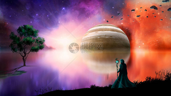 带有星云魔术师煤气甘油湖泊和树的Scifi风景图画图片