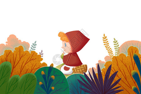小女孩在红帽走在森林中孤立的白色背景逼真的梦幻卡通风格艺术品场景壁纸故事背图片