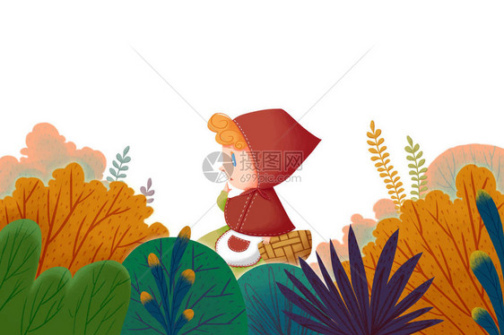 小女孩在红帽走在森林中孤立的白色背景逼真的卡通风格艺术品场景壁纸故事背图片