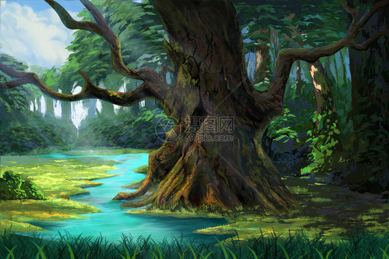 Riverside的森林中的古树视频数码CG艺术作品概念说明现实化图片