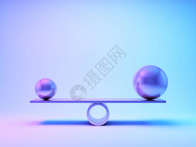 霓虹灯中的平衡钢球3D插图设计图片