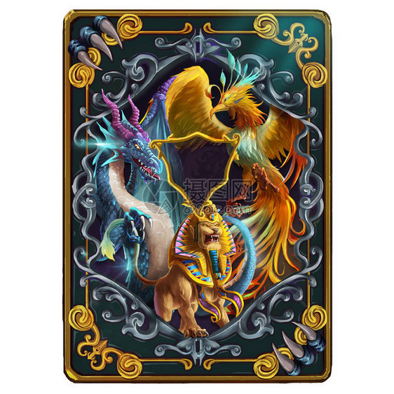 关于中世纪和中世纪神秘话生物的卡片背面设计龙凤凰和狮身人面像概念艺术逼真的插图电子游戏数字图片