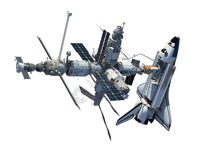 白色背景孤立的航天飞机和空间站3D图片