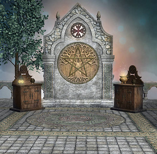 "地狱之门"旧异教徒祭坛和两条花插画